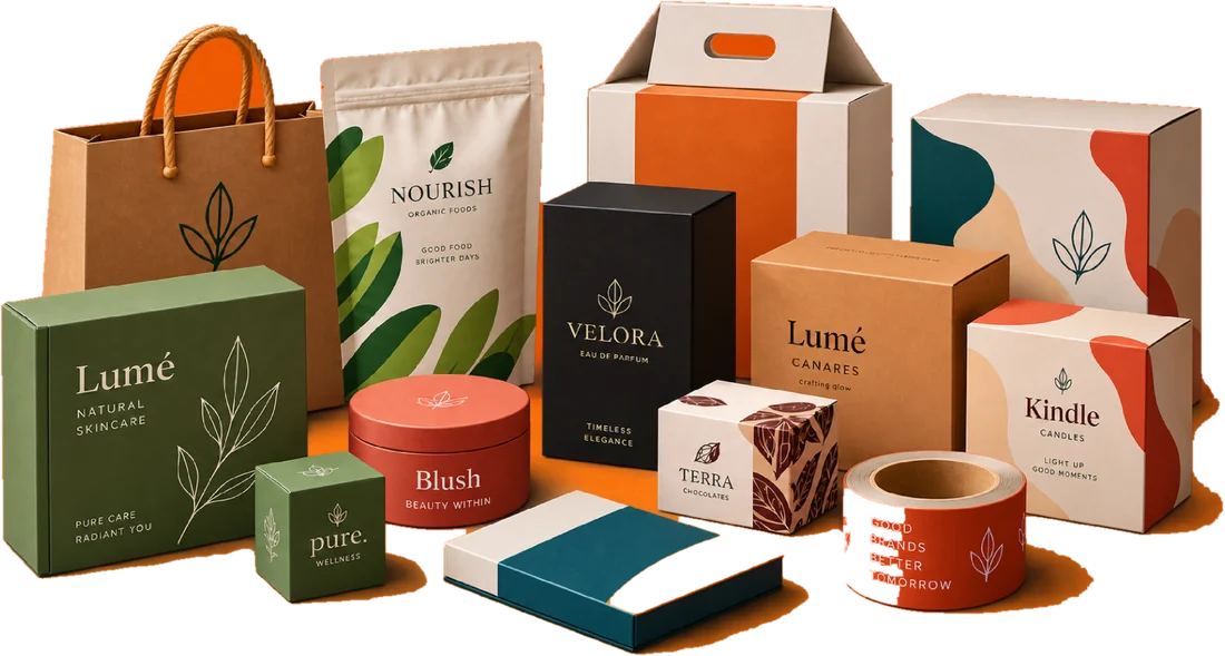 Mailers, cartons, pouches, a carry bag and printed tape from the Deckle range